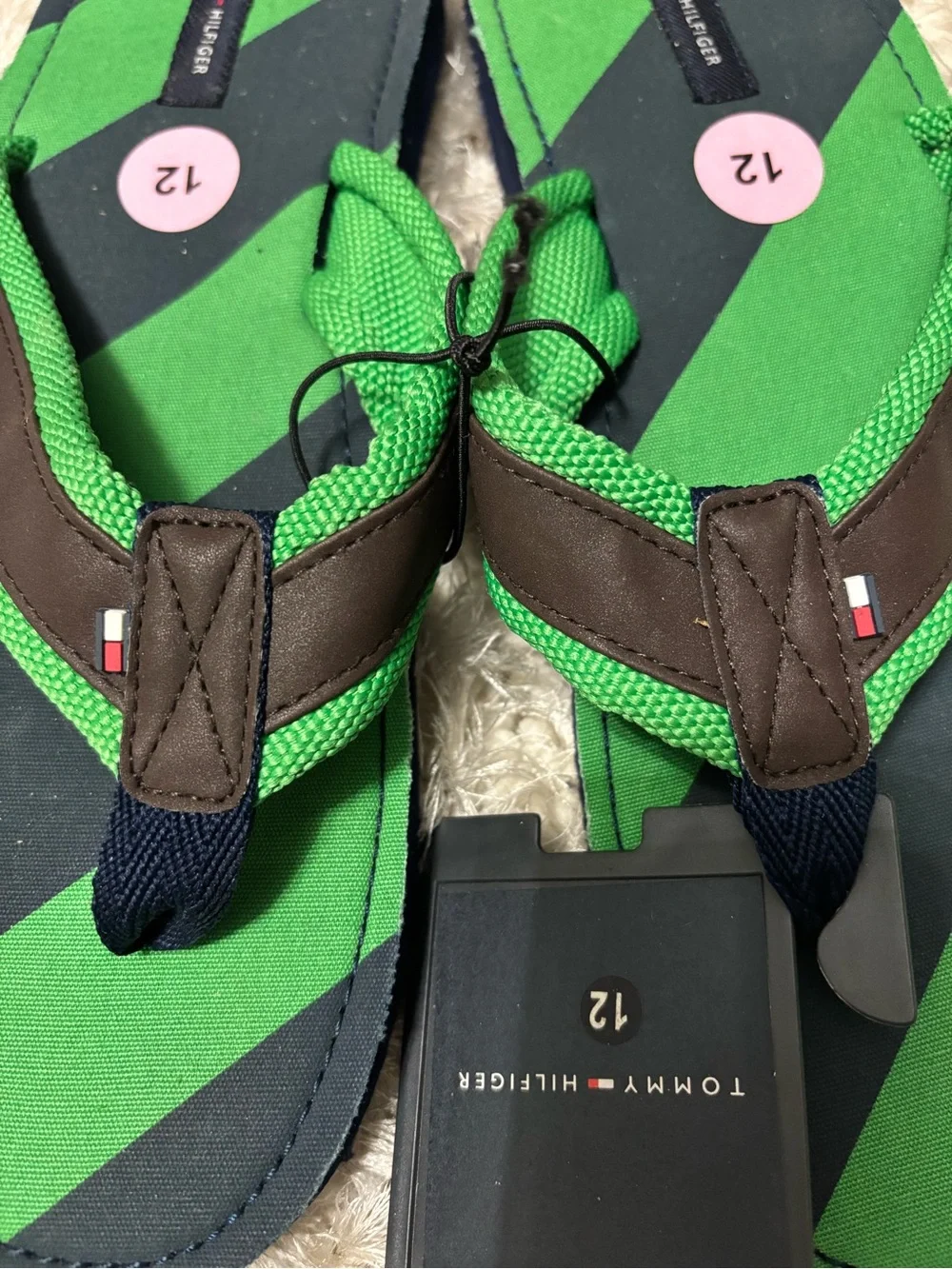 Tommy Hilfiger Green and Navy Diagonal-Stripe Flip Flops